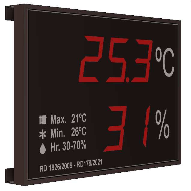 Indicador visualizador medidor termómetro gran formato displays segmentos DTH Temperatura y Humedad segun RITE RD1826 y 14/2022
