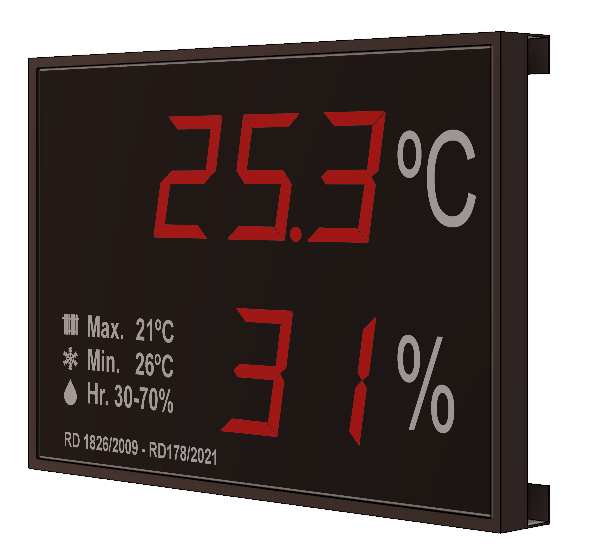 Indicador visualizador medidor termómetro gran formato displays segmentos DTH Temperatura y Humedad segun RITE RD1826 y 14/2022