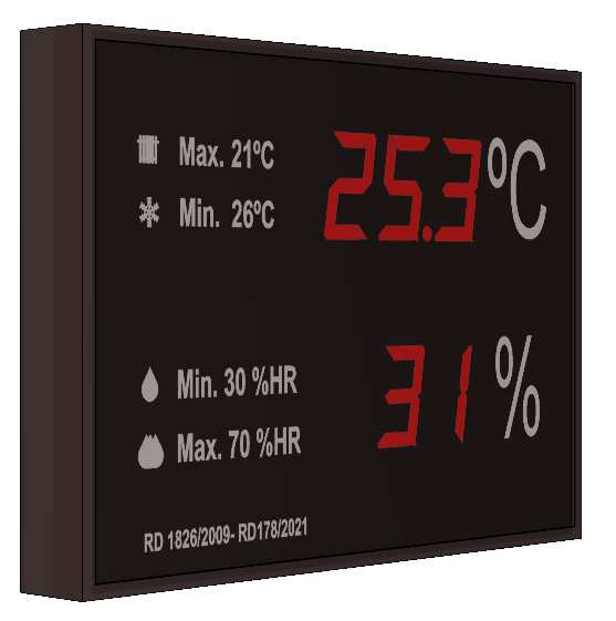 Indicador visualizador medidor termómetro gran formato displays segmentos DTH Temperatura y Humedad segun RITE RD1826 y 14/2022